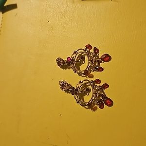 Vintage Ruby Red Rhinestones Chandelier Pierce Earrings, 2.5", Antique Gold